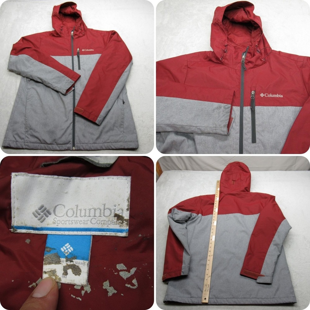 Columbia Jacket Mens Medium Red Gray Insulated Hooded Full Zip Water Ressitant